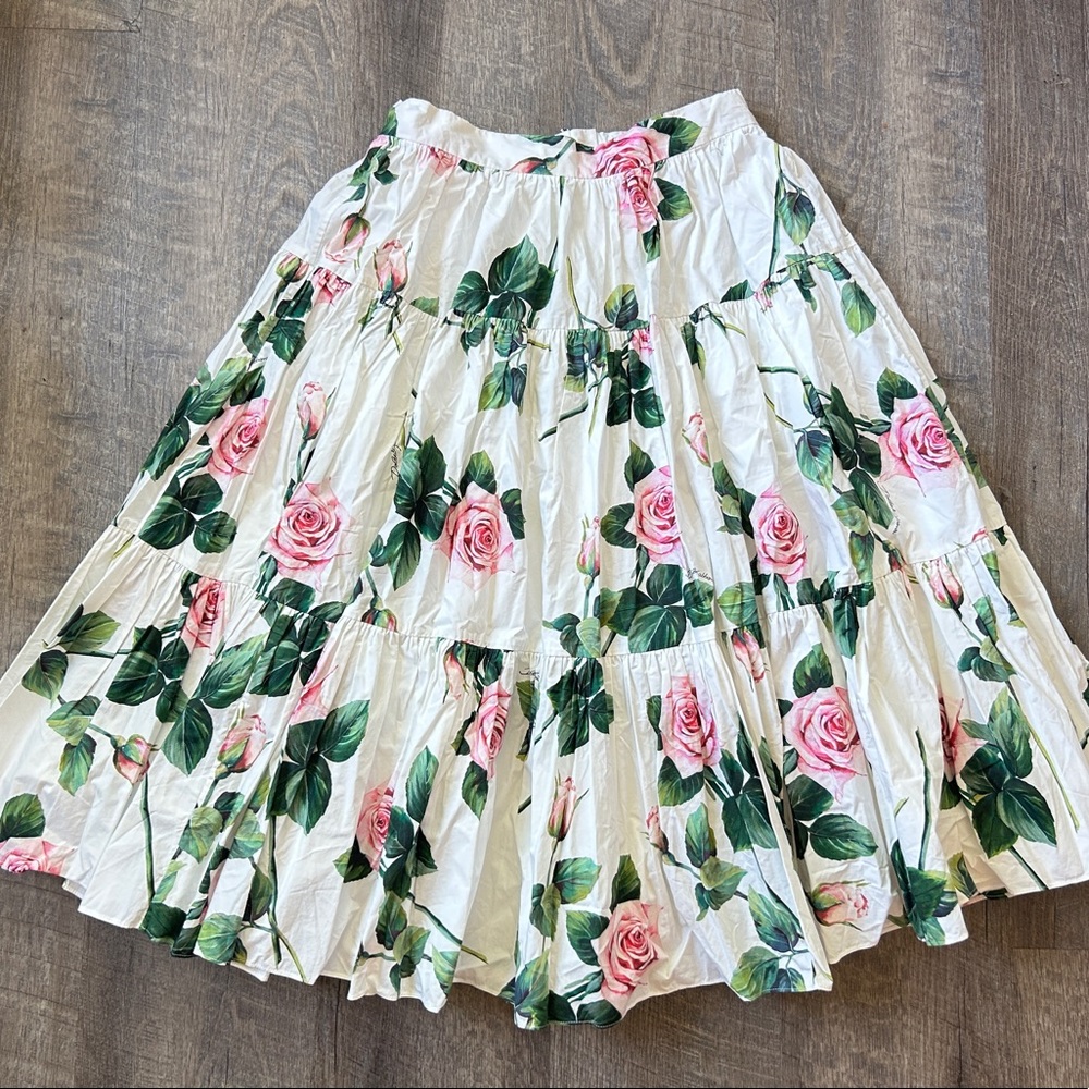 DOLCE & GABBANA floral midi skirt S white pink roses XS 0 2 4 cotton poplin